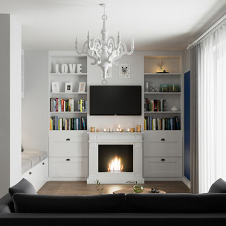 Projekt wnętrza salonu z kominkiem