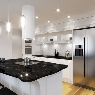 Projekt kuchni z wyspą w stylu glamour