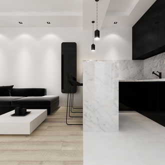 Projekt biało-czarnej kawalerki