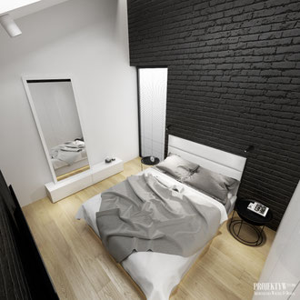 Projekt nowoczesnej sypialni z czarną cegłą