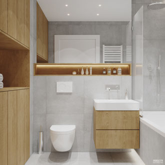 Projekt wnętrza łazienki z akcentami drewna i betonu