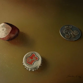 Genia Chef, Still Life with the Coin of the Emperor Paul I of Russia, 14 x 18 cm, oil on panel