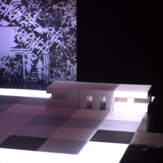 scénographie de L'Apprenti de Daniel Keene. Texte français de Séverine Magois. Mise en scène de Alain Chaniot. Scénographie Eric Charbeau, Philippe Casaban. Costumes Anne Vergeron. Lumières Yannick Anché. Création: M270 Floirac.