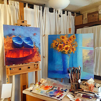 Studio. Where it all happens! (Left- Ocean Jewels, 24 x 24- SOLD. Right- Summer Symphony, 36 x 36, available.)