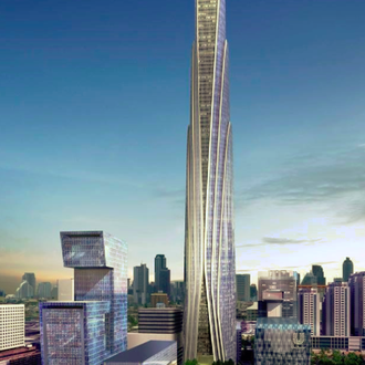 Projected look of Bangkok's  Super Tower, the future tallest skyscraper of the city (Super Tower in Bangkok to be the Tallest Skyscraper in Southeast Asia, Grand Canal Land, Multi-Housing News, 2014)