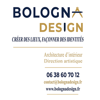Affiche de présentation de Bologn Design indiquant les activités d’architecture d’intérieur et de direction artistique avec les coordonnées du studio.