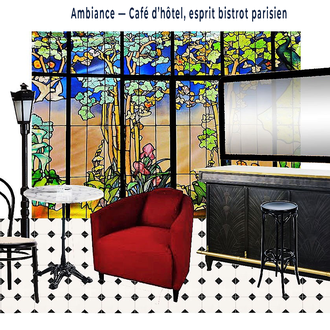 Moodboard de conception pour le café d’un hôtel, à Gennevilliers, dans les Hauts-de-Seine, inspiré du bistrot parisien : vitrail décoratif, carrelage graphique, fauteuil rouge et mobilier noir.
