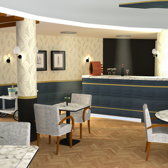 Rendu 3D photoréaliste d’un intérieur de restaurant, dans les Yvelines, avec bar courbe en boiseries bleu profond, papier peint végétal, tables marbre, fauteuils et éclairages muraux, projet d’architecture d’intérieur.