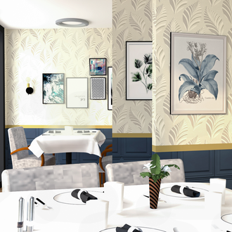 Vue 3D photoréaliste d'une salle de restaurant rénovée, dans les Yvelines, avec boiseries bleu profond, papier peint végétal beige, bandeau doré, tables dressées et cadres décoratifs, projet d’architecture d’intérieur.
