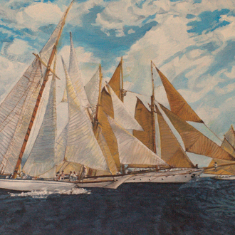Oil Painting  | Four Sailboats in Race | Size: 38.5x23 cm