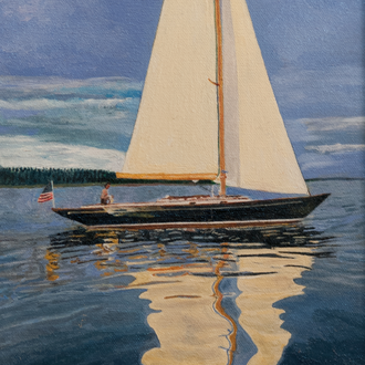 Dipinto Olio su Tela | Navigazione con Mare Calmo | Dimensioni: 21x38.5 cm