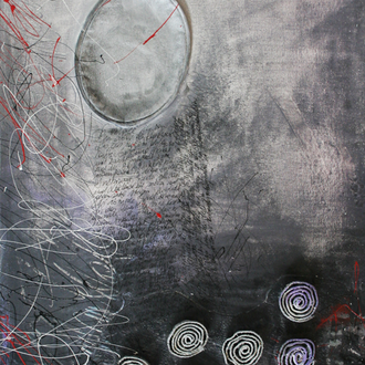 Der Weg des Absurden I – Zyklus „Albert Camus, Der Mythos von Sisiphos. Ein Versuch über das Absurde“; Acryl/Collage auf Leinwand, 2014,  80 x 40 cm (Kapitel „Die Schöpfung ohne ein Morgen“).