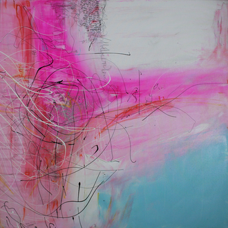 Aufblühender Stern - Zyklus „Vom Werden und Vergehen“; Acryl auf Leinwand, 2014, 70x70 cm, ( Text aus Geo Wissen Nr. 33 „Die Geheimnisse des Universums“).