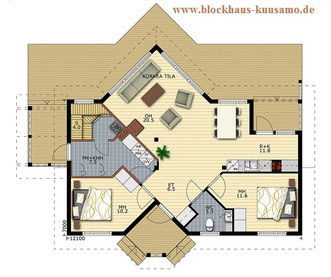 Barrierefreies Blockhaus Bungalow - Singlehaus - Grundriss - Entwurfsplanung  - Wohnhaus  -  Massivblockhaus