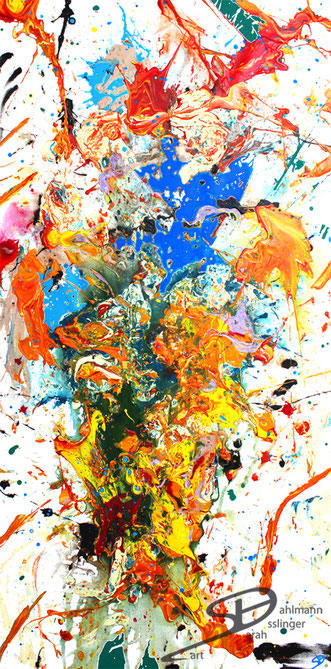 Sarah Esslinger-Dahlmann, Urgewaltig, Mai 2016, 70 x 140 cm, Acrylfarbe auf Leinwand, abstraktes, kraftvolles, farbintensives Werk, vulkanartig, gelb, rot-orange und blau