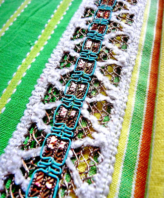 Close up of white cotton, metallic thread lace, & teal green & bronze decorative ribbon sewn on top.