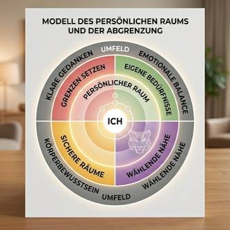 Kreisdiagramm: Modell des persönlichen Raums und der gesunden Abgrenzung. Das Zentrum bildet das Ich, umgeben von Kategorien wie Grenzen setzen, Eigene Bedürfnisse und Sichere Räume, mit einem Tiger als Symbol für Schutz.