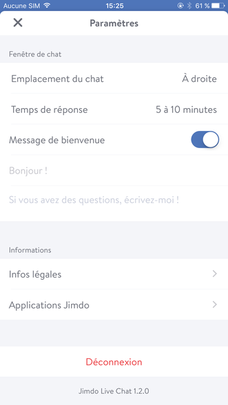 Les paramètres de Jimdo Live Chat