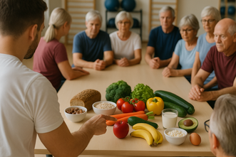 Personal Trainier in Ernährungskursen in der Gruppe - Mehrere Senioren sitzen vor mehreren unterschiedlichen Lebensmitteln und schauen dem Dozenten zu