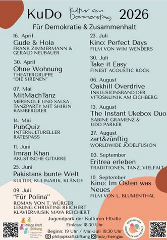 Plakat von KuDo - Kultur am Donnerstag für Demokratie und Zusammenhalt mit allen Terminen, die per Klick auf das Bild verlingt sind.