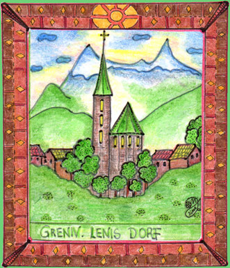 Blick auf Greniv im Menschenland. Lenis Dorf.  (Buntstiftzeichnung)