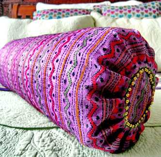 Purple, handloom tassur-silk/Kashmir-wool-blend shawl bolster cover with apple-green, poppy-red, mustard/gold & black, kantha-stitch, hand embroidery & bronze-ball trim on one end