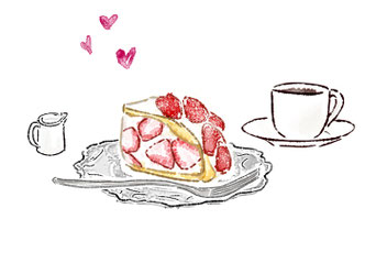 いちごのケーキのお皿とコーヒーのカップ＆ソーサ。