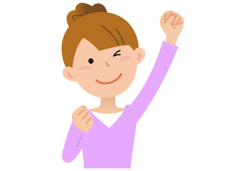 ガッツポーズをして笑顔で意気込む女性のイラスト。看護師を目指す社会人をイメージ。
