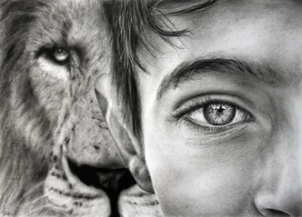 boy eye lion wild spirits drawing by french pencil artist Magali Lapeyre-Mirande garçon oeil lion esprits sauvages dessin artiste dessinatrice