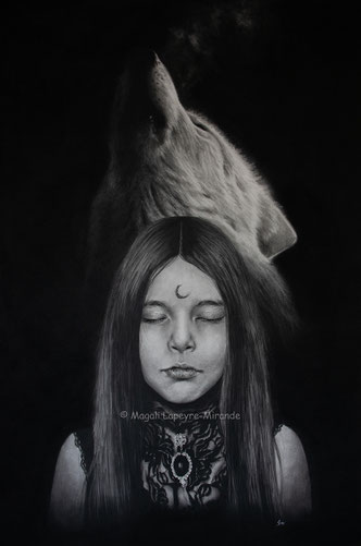 girl wolf wild spirits drawing by french pencil artist Magali Lapeyre-Mirande fille loup esprits sauvages dessin artiste dessinatrice
