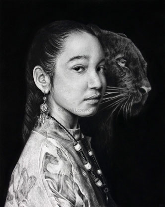 woman black panther wild spirits drawing by french pencil artist Magali Lapeyre-Mirande femme panthère noire esprits sauvages dessin artiste dessinatrice