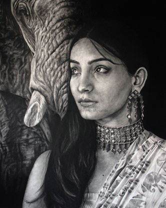 woman elephant wild spirits drawing by french pencil artist Magali Lapeyre-Mirande femme éléphant esprits sauvages dessin artiste dessinatrice