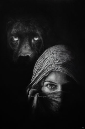 woman black panther wild spirits drawing by french pencil artist Magali Lapeyre-Mirande femme panthère noire esprits sauvages dessin artiste dessinatrice
