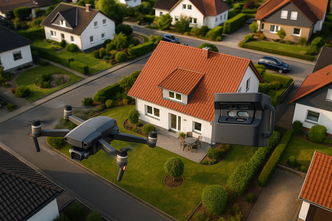 Drohne mit 3D-Kamera fliegt über Einfamilienhaus mit rotem Ziegeldach – Luftaufnahme in 4K-Anmutung