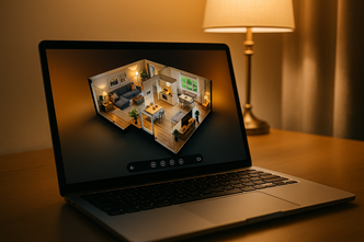 Laptop zeigt realistische „Dollhouse“-Ansicht einer modern eingerichteten Wohnung – Matterport-Präsentation in warmem Licht