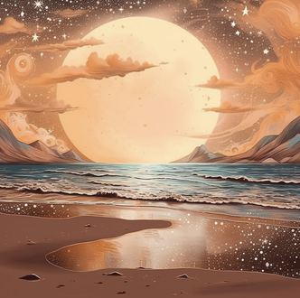 Eine Illustration eins Vollmondes am Strand mit spiegelung auf den Wellen und Sternen am Himmel, in Gelbtönen gehalten