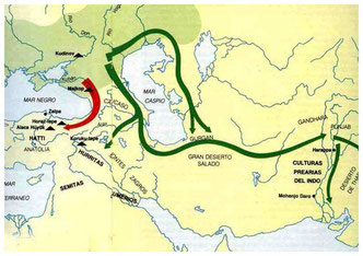  Mapas con las rutas que siguieron las invasores indoeuropeos en sus incursiones en el continente.asiático