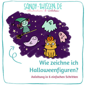 Zeichnen lernen für Kinder. Halloween, Gruselfest. Katze, Hexe auf Besen, Kürbis und Geister zeichnen