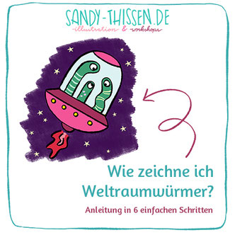 Aliens, Raketenwürmer, Weltraum, Würmer zeichnen lernen in sechs einfachen Schritten. Anleitung zum download