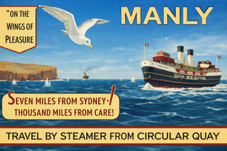 Vintage travel poster advertising Manly, Sydney, with ferry and seagulls