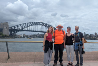 Tourists and guide in front of Sydney Harbour Bridge