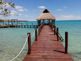 Mexique, Yucatan : lagune de Bacalar vue de l'hôtel Rancho Encantado