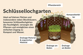 Querschnitt eines Schlüssellochgartens. Schlüssellochbeet, Hügelbeet, Gartenplanung, Gartenbau, Naturgarten, Hobbygärtner, Kompost, Kräutergarten, Hochbeet, Upcycling-Projekt, Gemüsegarten, Komposter, Keyhole-Beet - © Matthias Jünger 2025