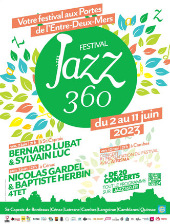 Affiche officielle Festival JAZZ360 2023, CDC des Portes de l'Entre-Deux-Mers, du 2 au 12 juin 2023, concert s'ouverture le 12 mai 2023. Conception graphique © Ulysse Badorc