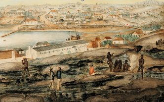 Paiting from 1803 showing Aboriginal people and white settlers mingling in The Rocks, Sydney