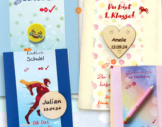 Unsere handgemachten Karten zur Einschulug können auch personalisiert werden. 