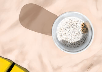 Coffee cup on the tablecloth, digital art, procreate, stil: watercolor, pencil, acrylic, 2026