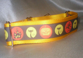 Martingale, Halsband, 4cm, Gurtband sonnengelb, Borte mit Halloweenmotiven