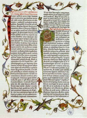 Biblia de Gutenberg,siguiendo la Vulgata versión latina de San Jerónimo.Conocida como "Biblia 42 líneas" por el número de líneas impresa a dos columnas, espléndida iluminación,su gran aportación fue el procedimiento de impresión.