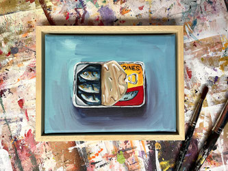 Schilderij van een open blik sardines, gemaakt tijdens een schilderworkshop van Daphne Schrijver in haar atelier in Breda.